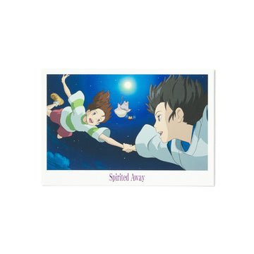 Animated scene from 'Spirited Away' with two characters reaching out to each other against a night sky.